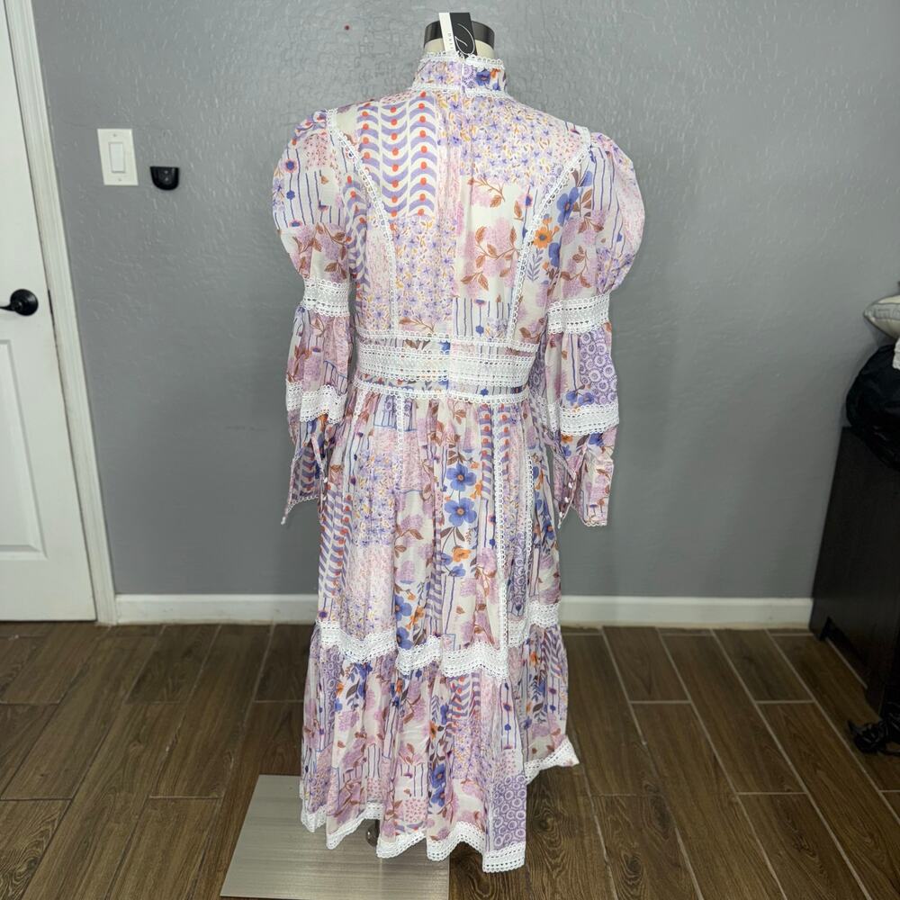 Dalia Macphee Long Sleeve Floral Eyelet Lace Trim Midi Dress, Purple Multi, L - Picture 2 of 5